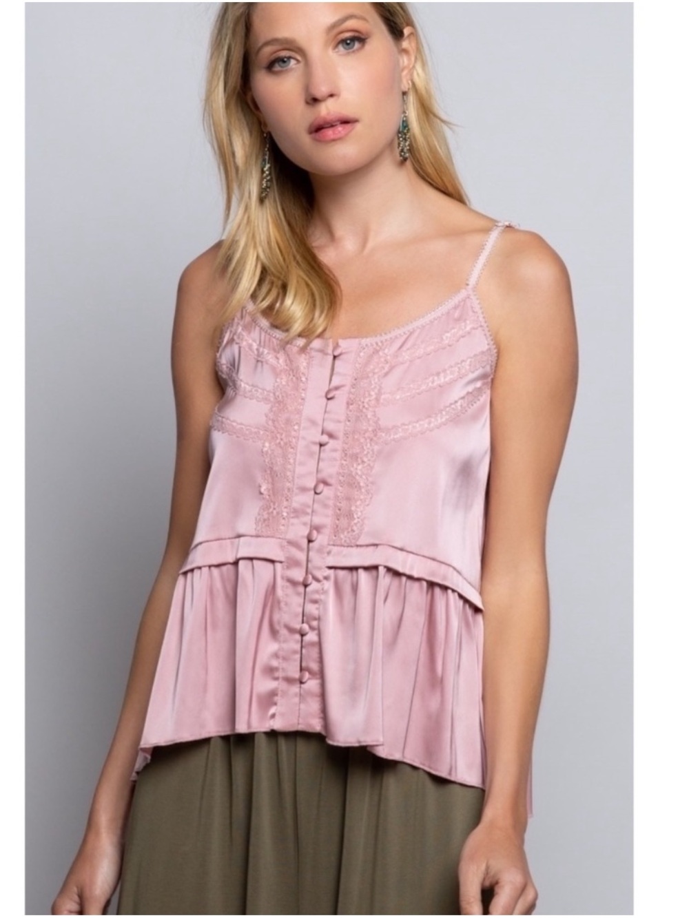 New: POL Pink Button Front Satin Lace Detail Boho Tank Top• Small